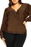 City Chic Glowing Shimmer Faux Wrap Top In Bronze