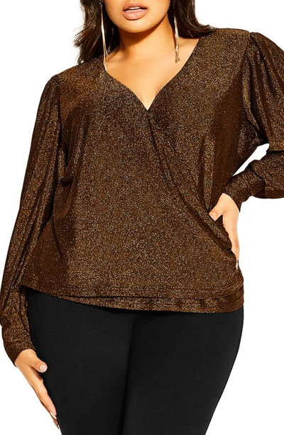 City Chic Glowing Shimmer Faux Wrap Top In Bronze