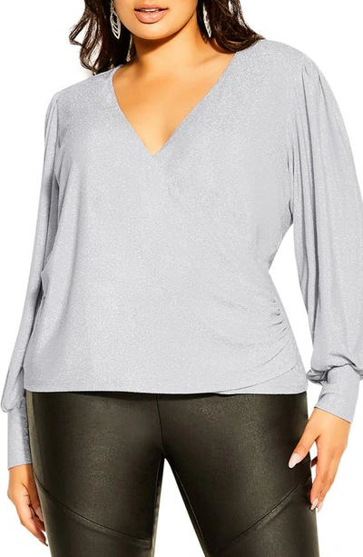 City Chic Glowing Shimmer Faux Wrap Top In Grey