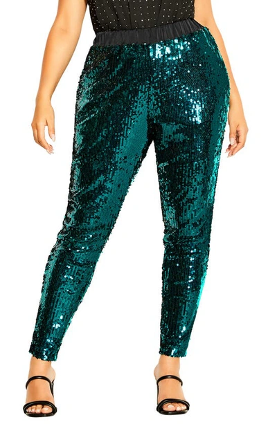 City Chic Sequin Slim Tapered Leg Pants In Emerald