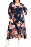 City Chic Sadie Floral Print Long Sleeve Wrap Dress In Navy Gardenia