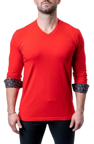 Maceoo Edison Frenchie Red V-neck Long Sleeve T-shirt