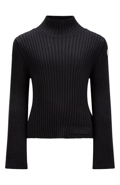 Moncler Kids' Mock Neck Virgin Wool Blend Rib Sweater In Black