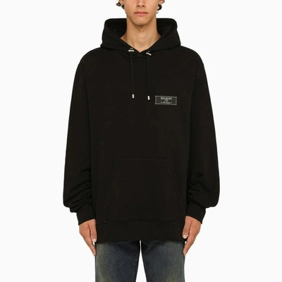 Balmain Wide Black Hoodie With Logo Patch
