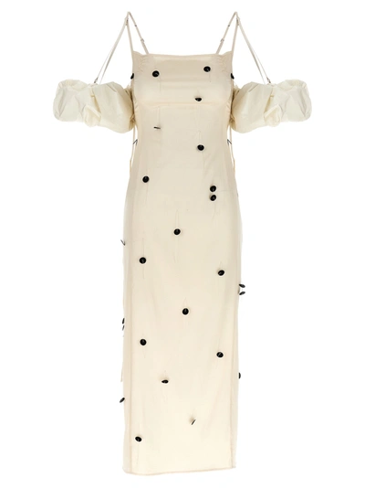 Jacquemus Beloved Off-shoulder Midi Dress With Button Embellishments In White