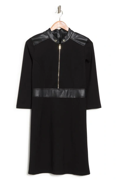 Ellen Tracy Long Sleeve Zip Front Mixed Media Dress In Black