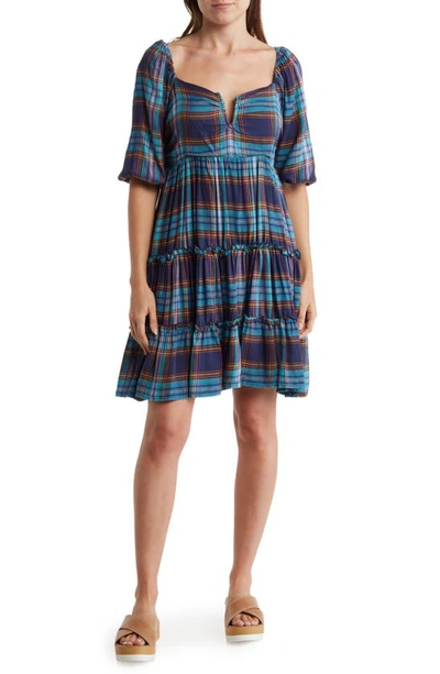 Angie Plaid Long Sleeve Dress In Blue Multi