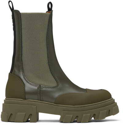 Ganni Khaki Cleated Chelsea Boots In Green