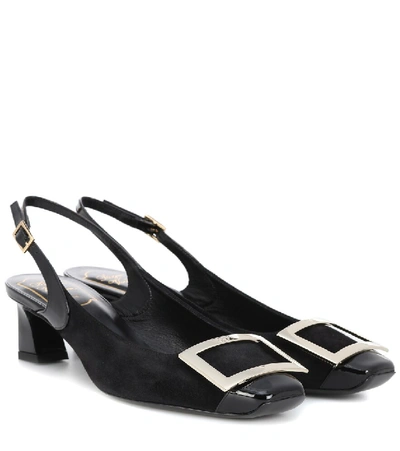 Roger Vivier Trompette Patent Leather-trimmed Embellished Suede Slingback Pumps In Black