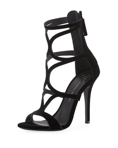 Giuseppe Zanotti Caged Velvet High Sandals In Black