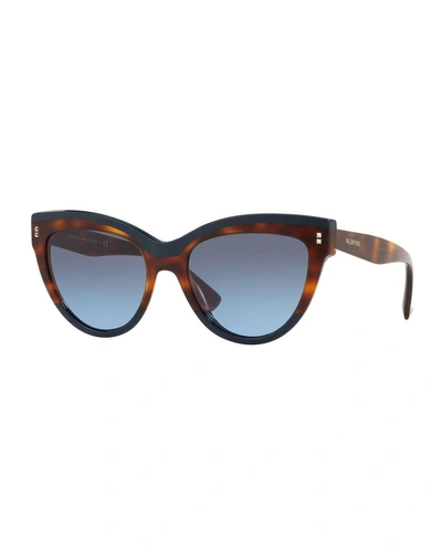 Valentino Rockstud Rivet Two-tone Cat-eye Sunglasses In Blue/havana