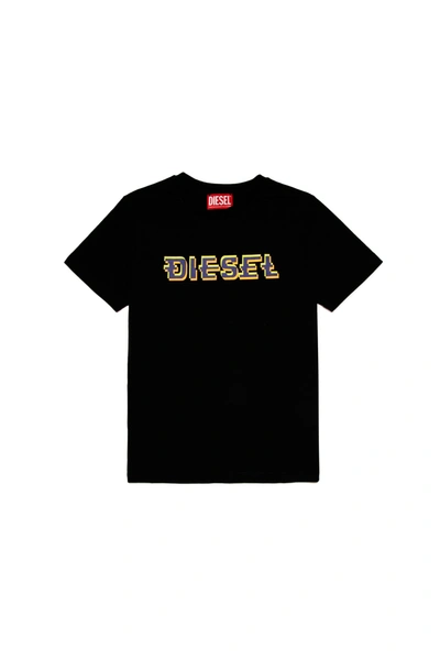 Diesel Kids' Crew-neck Jersey T-shirt With Three-dimensional Logo In Black