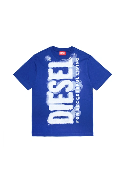Diesel Kids' Crew-neck Jersey T-shirt With Watercolor Effect Logo In Blue