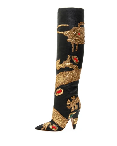 Valentino Garavani Dragon Embellished Over-the-knee Boot In Nero