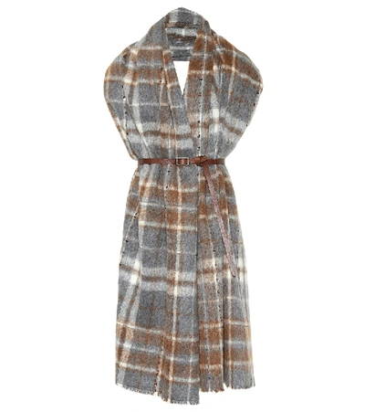 Brunello Cucinelli Blanket Plaid Cape W/ Leather Belt And Paillettes In Multicoloured