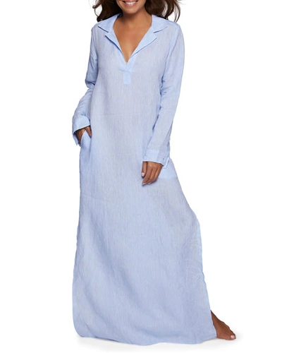Pour Les Femmes Long-sleeve Linen Long Lounge Shirt Dress In Blue