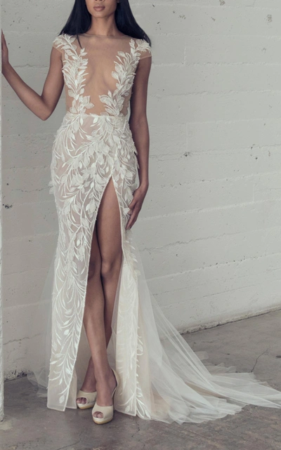 Adam Zohar Agnes Leaf Lace Gown In Ivory