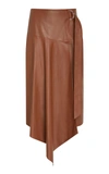 Tibi Draped Asymmetric Leather Midi Skirt In Brown