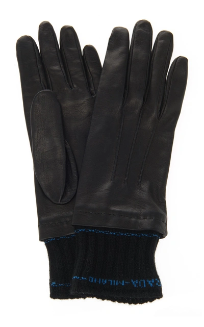 Prada Knit-trimmed Nappa Leather Gloves In Black