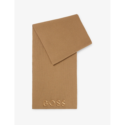 Hugo Boss Ribbed Scarf In Virgin Wool With Tonal Embroidered Logo In Beige