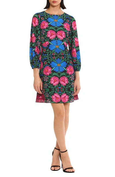 Donna Morgan For Maggy Floral Balloon Sleeve Fit & Flare Dress In Black/ Fandango Pink