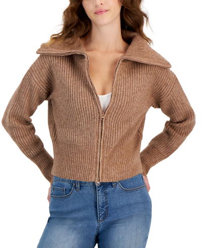 Pink Rose Juniors' Collared Zip-up Cardigan In Iced Mocha