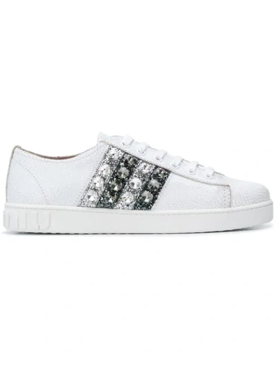 Miu Miu Crystals Stripes Sneakers In White