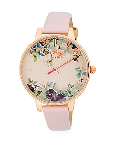 Ted Baker Stainless Steel Floral Leather-strap Watch In Rose Gold