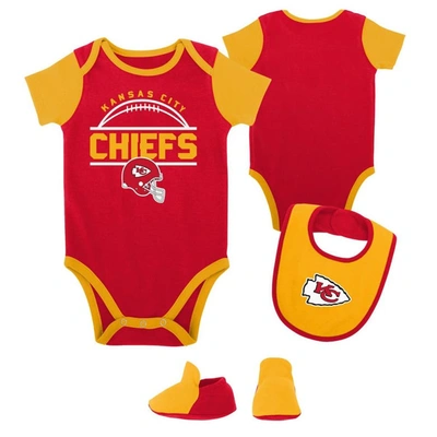 Outerstuff Babies' Newborn & Infant Red/gold Kansas City Chiefs Home Field Advantage Three-piece Bodysuit, Bib & Bootie In Red,gold
