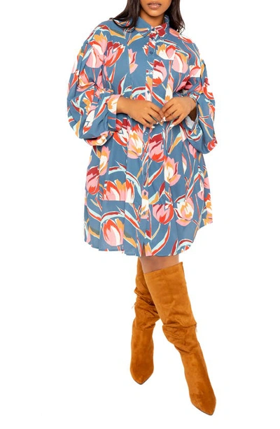 Buxom Couture Floral Balloon Long Sleeve Shirtdress In Teal Multi