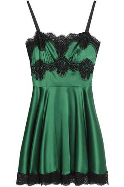 Dolce & Gabbana Woman Lace-trimmed Pleated Silk-blend Satin Mini Dress Emerald