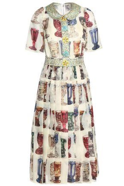 Dolce & Gabbana Woman Embellished Pleated Printed Silk-organza Midi Dress Ivory