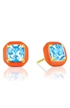 House Of Frosted Orange Enamel & Blue Topaz Stud Earrings In Orange/blue