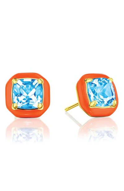 House Of Frosted Orange Enamel & Blue Topaz Stud Earrings In Orange/blue
