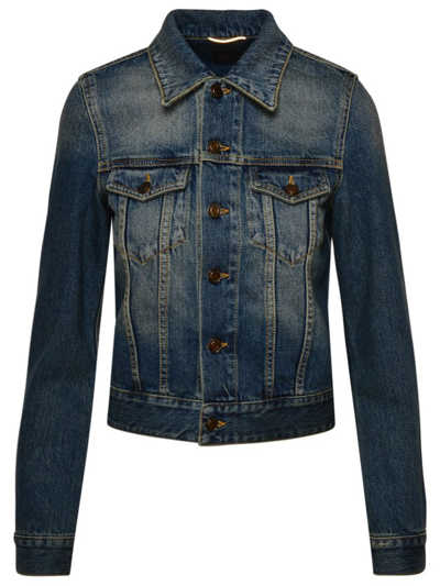 Saint Laurent Cropped Distressed Denim Jacket In Medium Wash