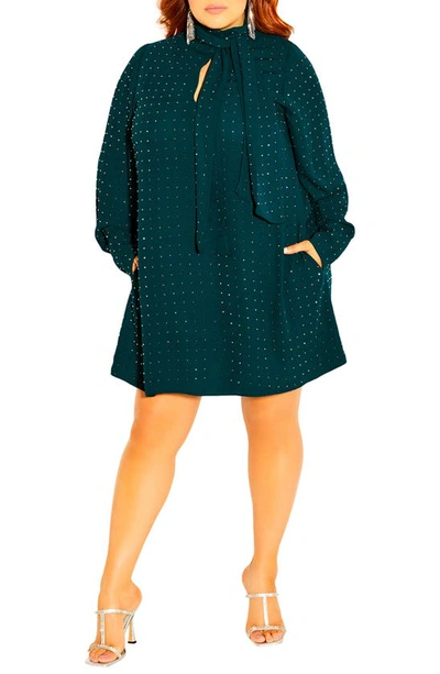 City Chic Nailhead Studded Long Sleeve Tunic Dress In Green