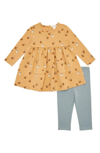 Firsts By Petit Lem Babies' Golden Apples Organic Cotton Dress & Solid Leggings Set In Yellow Gold