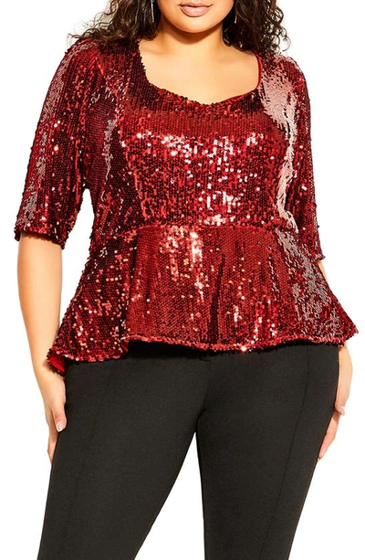 City Chic Sequin Peplum Top In Crimson