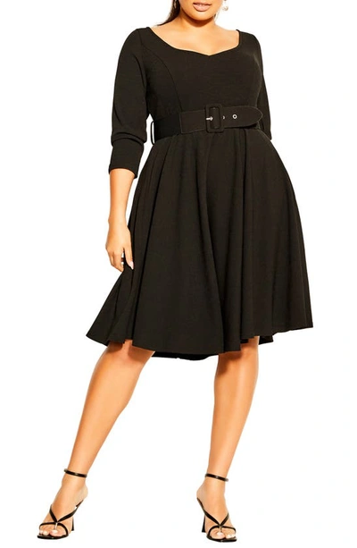 City Chic Belted Fit & Flare Dress In Black