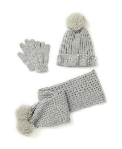 Inmocean Kids' Rainbow Sugar Big Girls Embellished Cuff Hat, Gloves And Scarf, 3 Piece Set In Gray