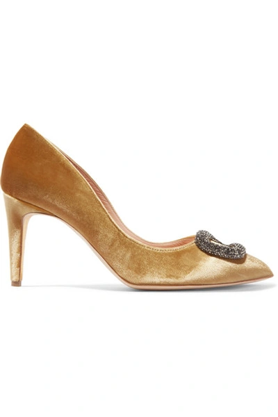 Rupert Sanderson Nada Swarovski Crystal-embellished Metallic Velvet Pumps In Mustard