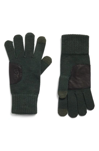 Ugg Leather Patch Knit Gloves In Hunter