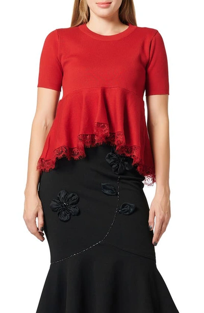 Gracia Lace Trim High-low Peplum Top In Red