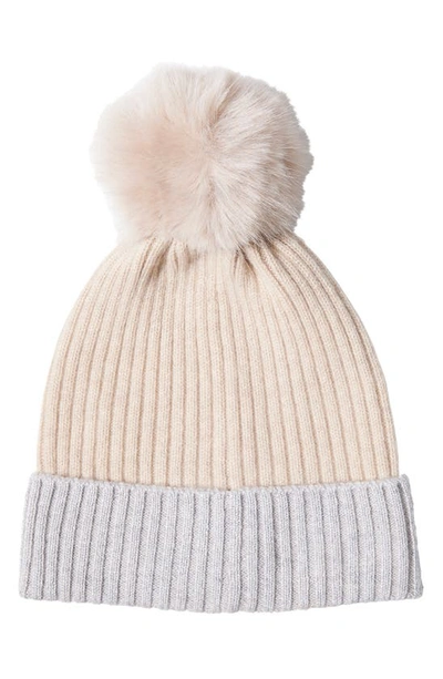 Sofia Cashmere Ribbed Cashmere Knit Beanie With Faux Fur Pompom In Oatmeal/ Grey