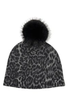 Sofia Cashmere Faux Fur Pom Cashmere Lurex Knit Beanie In Grey Leopard