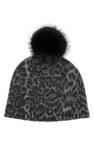 Sofia Cashmere Faux Fur Pom Cashmere Lurex Knit Beanie In Grey Leopard