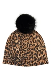 Sofia Cashmere Faux Fur Pom Cashmere Lurex Knit Beanie In Camel Leopard