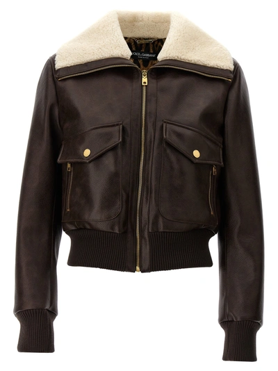 Dolce & Gabbana Sheepskin Eco-leather Jacket Casual Jackets, Parka Brown