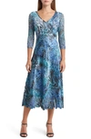 Komarov Abstract Print Charmeuse & Lace Cocktail Midi Dress In Teal Safari