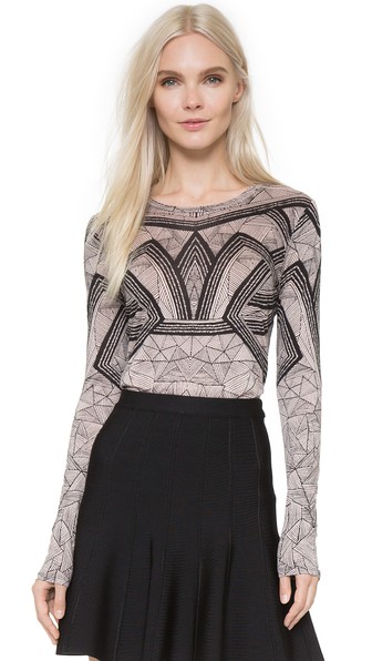 Herve Leger Printed Long Sleeve Top In Black Combo | ModeSens